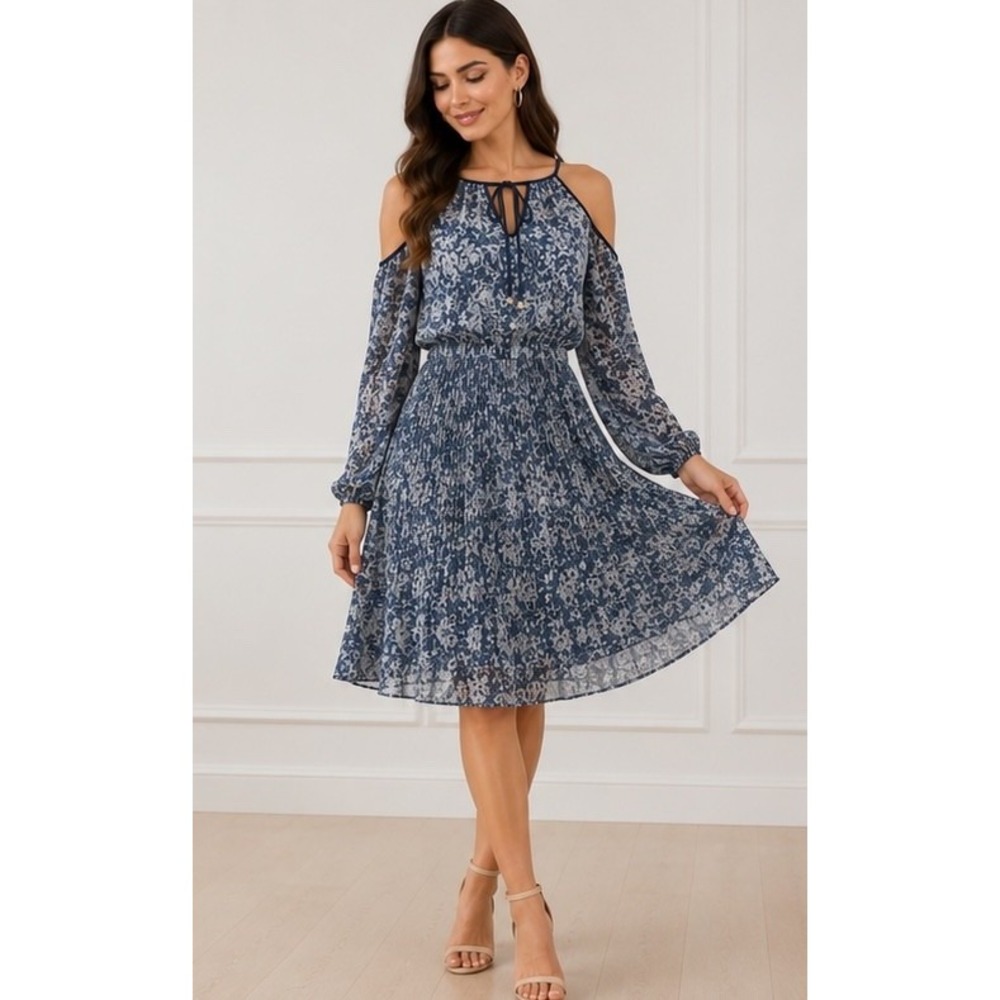Michael Kors Blue Floral Midi Dress XS Romantic Wedding Fairy Cocktail Boho Tie